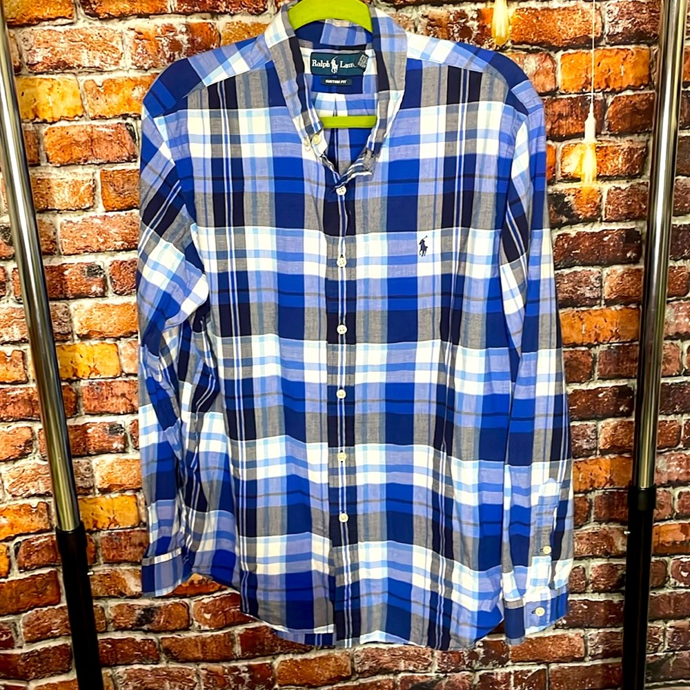 Ralph Lauren custom fit men’s XL plaid button down dress shirt blue white pony